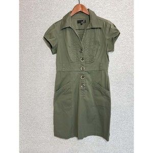 Laura Dress Women 6 Sheath Short Sleeve Button Front Pleated Cotton Green